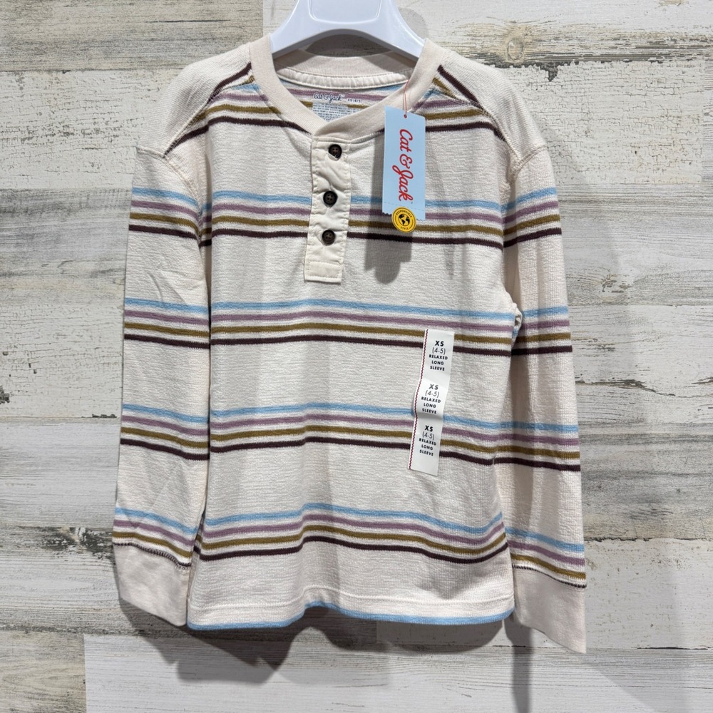 Cat & Jack Henley Shirt Boys XS 4-5 Cream Striped Relaxed Waffle Knit NWT